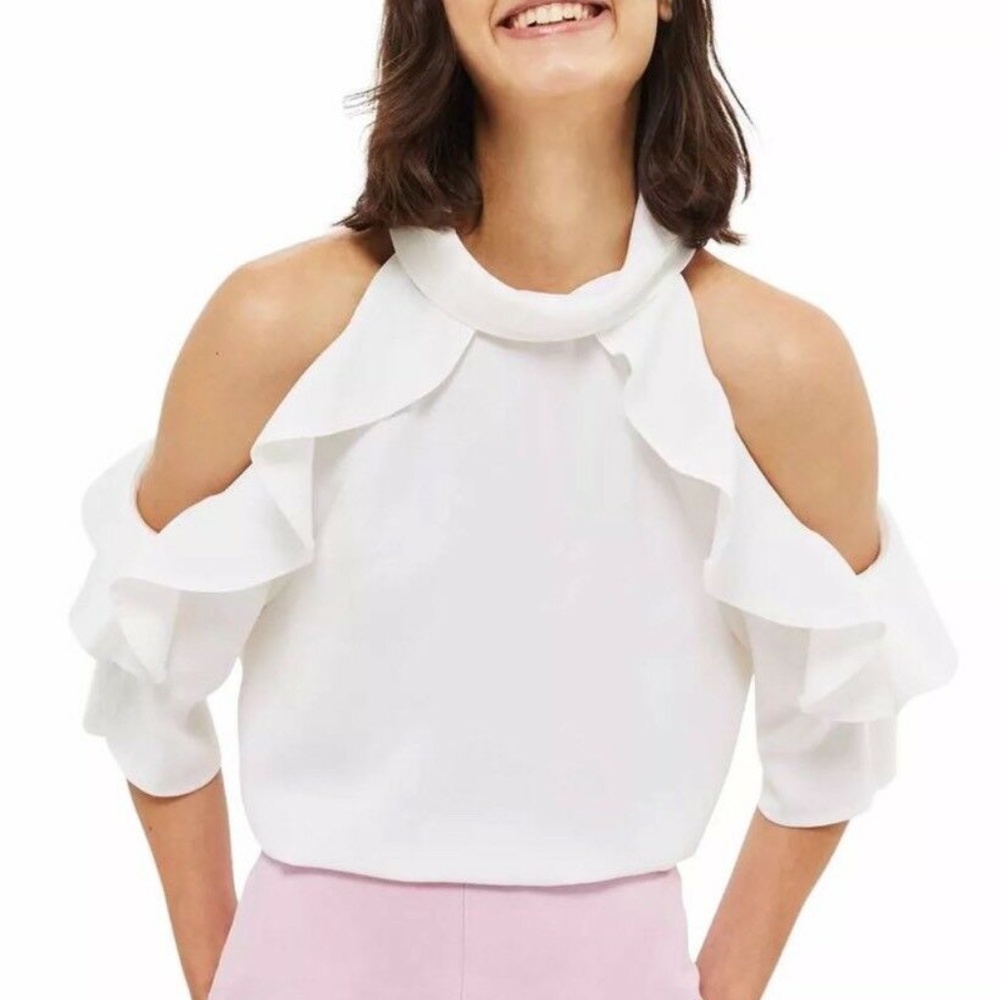 NWT Topshop White Ruffle Cold Shoulder Blouse Top